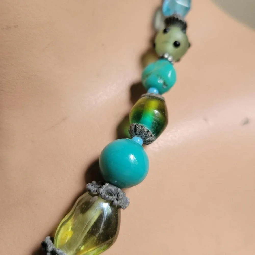 vintage mixed glass resin bead necklace turquoise green silver tone eclectic y2k